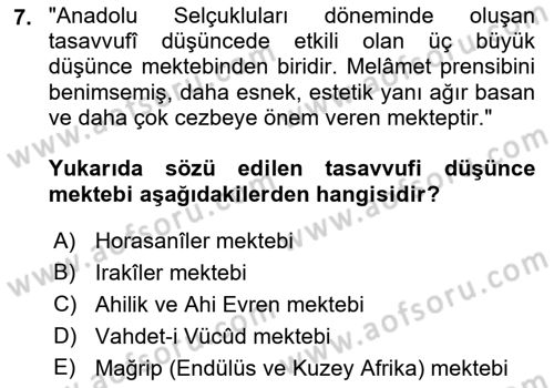 VIII-XIII. Yüzyıllar Türk Edebiyatı Dersi 2021 - 2022 Yılı (Final) Dönem Sonu Sınavı 7. Soru