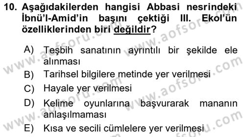 VIII-XIII. Yüzyıllar Türk Edebiyatı Dersi 2021 - 2022 Yılı Yaz Okulu Sınavı 10. Soru