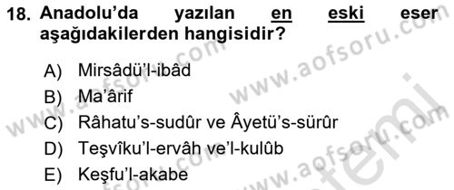 VIII-XIII. Yüzyıllar Türk Edebiyatı Dersi 2021 - 2022 Yılı Yaz Okulu Sınavı 18. Soru