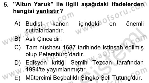 VIII-XIII. Yüzyıllar Türk Edebiyatı Dersi 2021 - 2022 Yılı Yaz Okulu Sınavı 5. Soru