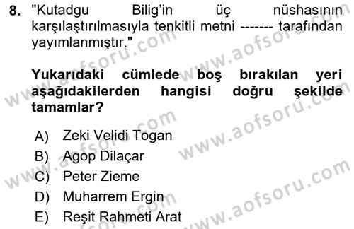 VIII-XIII. Yüzyıllar Türk Edebiyatı Dersi 2021 - 2022 Yılı Yaz Okulu Sınavı 8. Soru