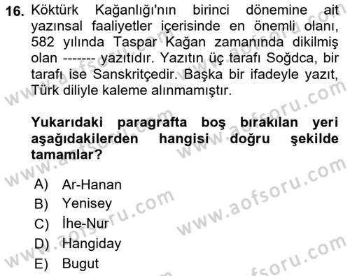 VIII-XIII. Yüzyıllar Türk Edebiyatı Dersi 2022 - 2023 Yılı (Vize) Ara Sınavı 16. Soru