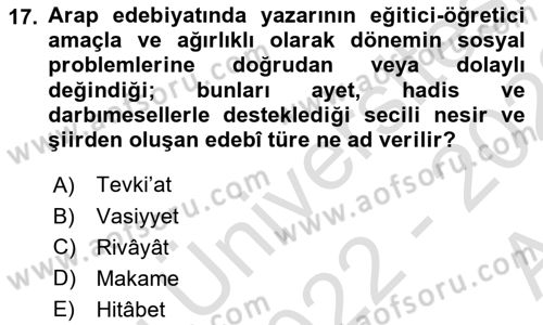 VIII-XIII. Yüzyıllar Türk Edebiyatı Dersi 2022 - 2023 Yılı (Vize) Ara Sınavı 17. Soru