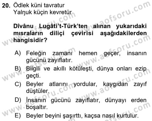 VIII-XIII. Yüzyıllar Türk Edebiyatı Dersi 2022 - 2023 Yılı (Vize) Ara Sınavı 20. Soru