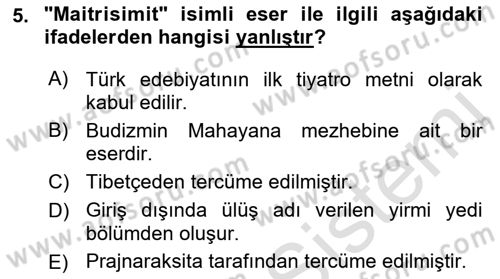 VIII-XIII. Yüzyıllar Türk Edebiyatı Dersi 2022 - 2023 Yılı (Vize) Ara Sınavı 5. Soru