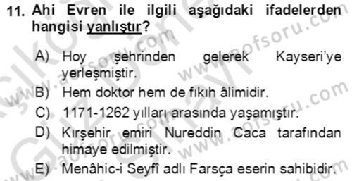 VIII-XIII. Yüzyıllar Türk Edebiyatı Dersi 2022 - 2023 Yılı (Final) Dönem Sonu Sınavı 11. Soru