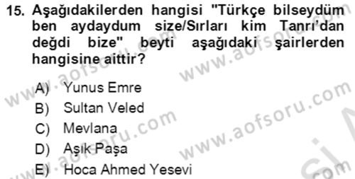 VIII-XIII. Yüzyıllar Türk Edebiyatı Dersi 2022 - 2023 Yılı (Final) Dönem Sonu Sınavı 15. Soru