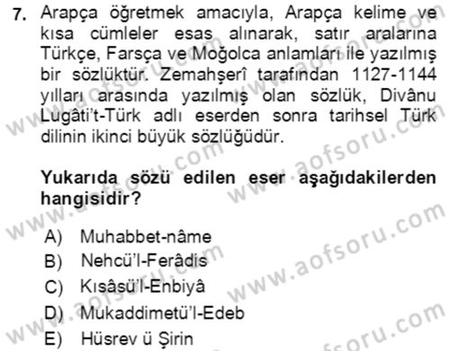 VIII-XIII. Yüzyıllar Türk Edebiyatı Dersi 2022 - 2023 Yılı (Final) Dönem Sonu Sınavı 7. Soru