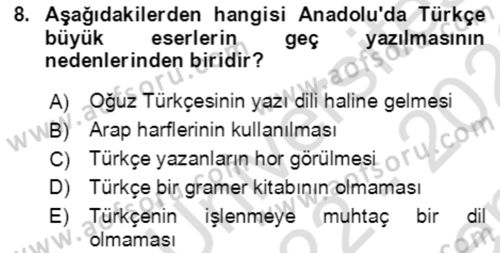 VIII-XIII. Yüzyıllar Türk Edebiyatı Dersi 2022 - 2023 Yılı (Final) Dönem Sonu Sınavı 8. Soru