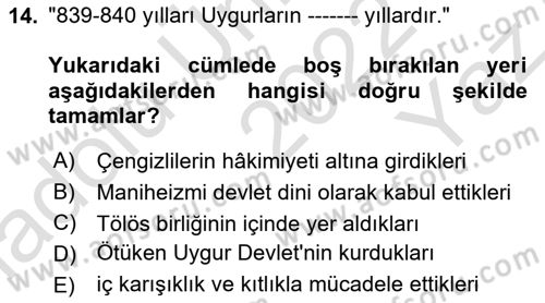 VIII-XIII. Yüzyıllar Türk Edebiyatı Dersi 2022 - 2023 Yılı Yaz Okulu Sınavı 14. Soru