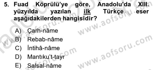 VIII-XIII. Yüzyıllar Türk Edebiyatı Dersi 2022 - 2023 Yılı Yaz Okulu Sınavı 5. Soru