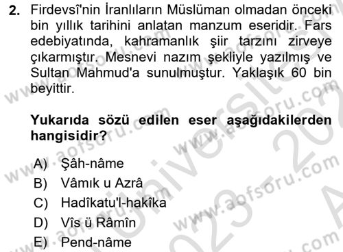 VIII-XIII. Yüzyıllar Türk Edebiyatı Dersi 2023 - 2024 Yılı (Vize) Ara Sınav Soruları 2. Soru