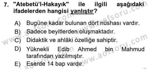 VIII-XIII. Yüzyıllar Türk Edebiyatı Dersi 2023 - 2024 Yılı (Vize) Ara Sınavı 7. Soru