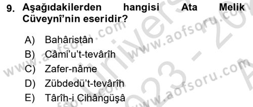 VIII-XIII. Yüzyıllar Türk Edebiyatı Dersi 2023 - 2024 Yılı (Vize) Ara Sınavı 9. Soru