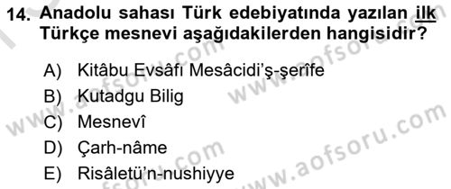 VIII-XIII. Yüzyıllar Türk Edebiyatı Dersi 2023 - 2024 Yılı (Final) Dönem Sonu Sınav Soruları 14. Soru