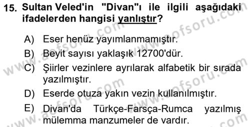 VIII-XIII. Yüzyıllar Türk Edebiyatı Dersi 2023 - 2024 Yılı (Final) Dönem Sonu Sınav Soruları 15. Soru