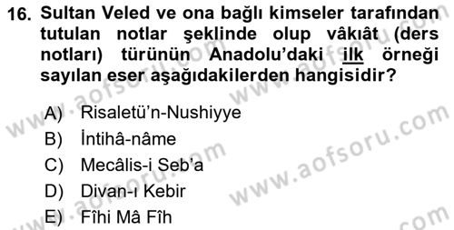 VIII-XIII. Yüzyıllar Türk Edebiyatı Dersi 2023 - 2024 Yılı (Final) Dönem Sonu Sınav Soruları 16. Soru