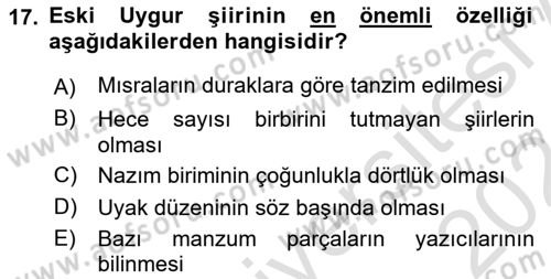 VIII-XIII. Yüzyıllar Türk Edebiyatı Dersi 2023 - 2024 Yılı (Final) Dönem Sonu Sınav Soruları 17. Soru