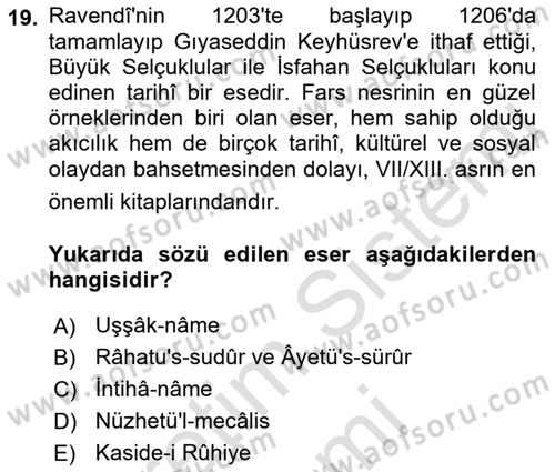 VIII-XIII. Yüzyıllar Türk Edebiyatı Dersi 2023 - 2024 Yılı (Final) Dönem Sonu Sınavı 19. Soru