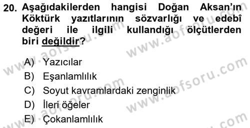 VIII-XIII. Yüzyıllar Türk Edebiyatı Dersi 2023 - 2024 Yılı (Final) Dönem Sonu Sınav Soruları 20. Soru