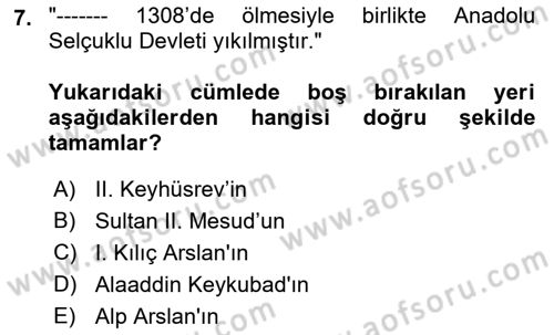 VIII-XIII. Yüzyıllar Türk Edebiyatı Dersi 2023 - 2024 Yılı (Final) Dönem Sonu Sınavı 7. Soru