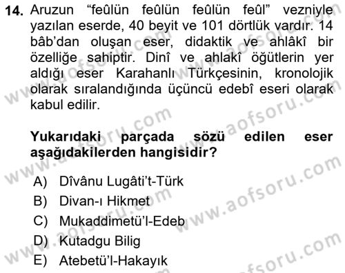 VIII-XIII. Yüzyıllar Türk Edebiyatı Dersi 2024 - 2025 Yılı (Vize) Ara Sınav Soruları 14. Soru