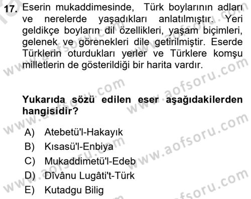 VIII-XIII. Yüzyıllar Türk Edebiyatı Dersi 2024 - 2025 Yılı (Vize) Ara Sınav Soruları 17. Soru