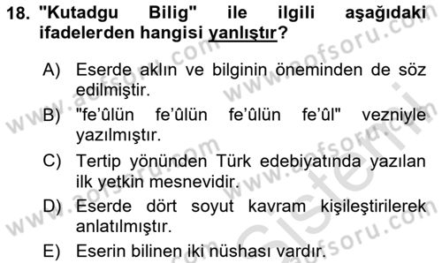 VIII-XIII. Yüzyıllar Türk Edebiyatı Dersi 2024 - 2025 Yılı (Vize) Ara Sınav Soruları 18. Soru