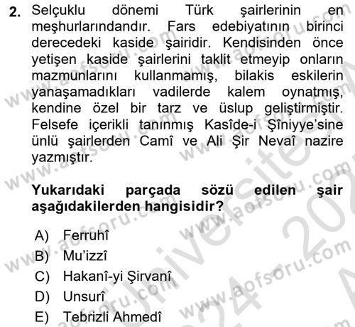 VIII-XIII. Yüzyıllar Türk Edebiyatı Dersi 2024 - 2025 Yılı (Vize) Ara Sınav Soruları 2. Soru