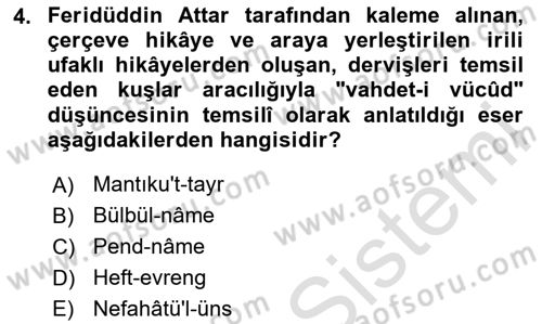 VIII-XIII. Yüzyıllar Türk Edebiyatı Dersi 2024 - 2025 Yılı (Vize) Ara Sınav Soruları 4. Soru