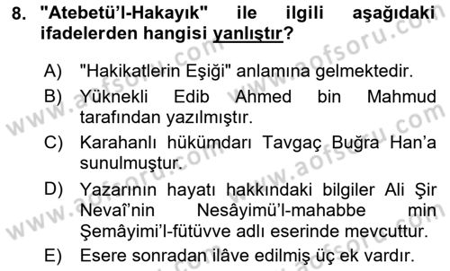 VIII-XIII. Yüzyıllar Türk Edebiyatı Dersi 2024 - 2025 Yılı (Vize) Ara Sınav Soruları 8. Soru