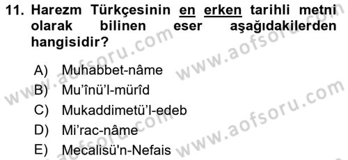 VIII-XIII. Yüzyıllar Türk Edebiyatı Dersi 2024 - 2025 Yılı Yaz Okulu Sınav Soruları 11. Soru