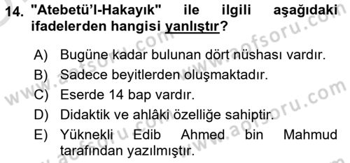 VIII-XIII. Yüzyıllar Türk Edebiyatı Dersi 2024 - 2025 Yılı Yaz Okulu Sınav Soruları 14. Soru