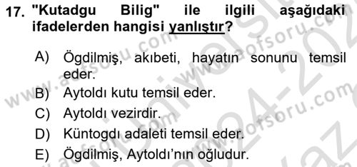 VIII-XIII. Yüzyıllar Türk Edebiyatı Dersi 2024 - 2025 Yılı Yaz Okulu Sınav Soruları 17. Soru