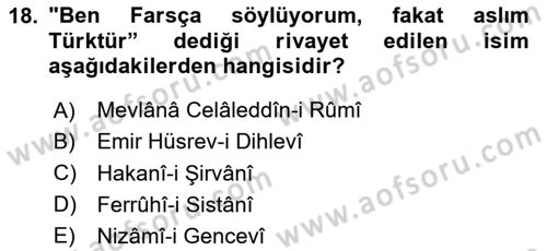 VIII-XIII. Yüzyıllar Türk Edebiyatı Dersi 2024 - 2025 Yılı Yaz Okulu Sınav Soruları 18. Soru