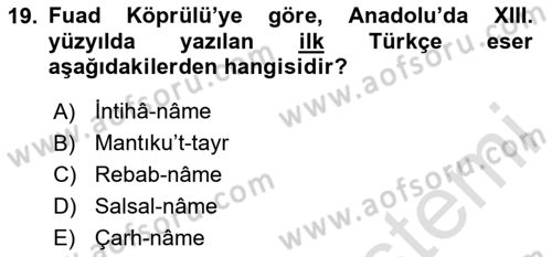 VIII-XIII. Yüzyıllar Türk Edebiyatı Dersi 2024 - 2025 Yılı Yaz Okulu Sınav Soruları 19. Soru