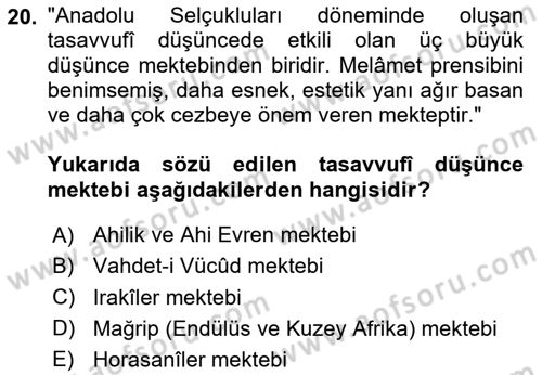 VIII-XIII. Yüzyıllar Türk Edebiyatı Dersi 2024 - 2025 Yılı Yaz Okulu Sınav Soruları 20. Soru