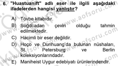 VIII-XIII. Yüzyıllar Türk Edebiyatı Dersi 2024 - 2025 Yılı Yaz Okulu Sınav Soruları 6. Soru