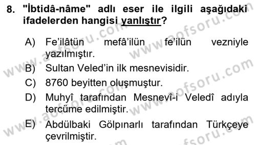 VIII-XIII. Yüzyıllar Türk Edebiyatı Dersi 2024 - 2025 Yılı Yaz Okulu Sınav Soruları 8. Soru