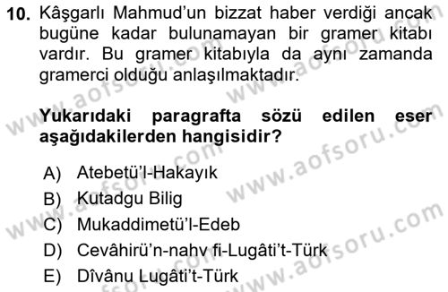VIII-XIII. Yüzyıllar Türk Edebiyatı Dersi 2025 - 2026 Yılı (Vize) Ara Sınav Soruları 10. Soru