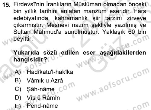 VIII-XIII. Yüzyıllar Türk Edebiyatı Dersi 2025 - 2026 Yılı (Vize) Ara Sınav Soruları 15. Soru