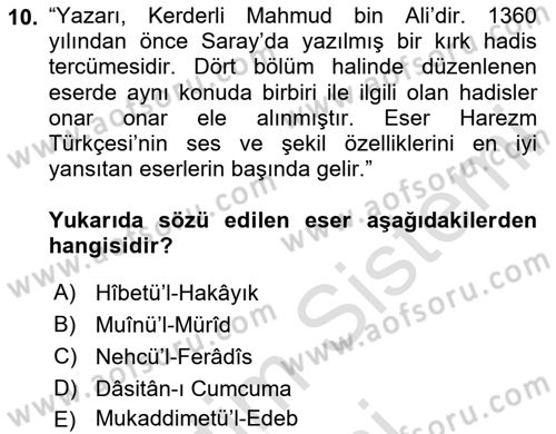 VIII-XIII. Yüzyıllar Türk Edebiyatı Dersi 2025 - 2026 Yılı (Final) Dönem Sonu Sınav Soruları 10. Soru