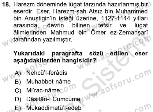 VIII-XIII. Yüzyıllar Türk Edebiyatı Dersi 2025 - 2026 Yılı (Final) Dönem Sonu Sınav Soruları 18. Soru