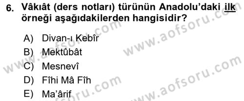 VIII-XIII. Yüzyıllar Türk Edebiyatı Dersi 2025 - 2026 Yılı (Final) Dönem Sonu Sınav Soruları 6. Soru