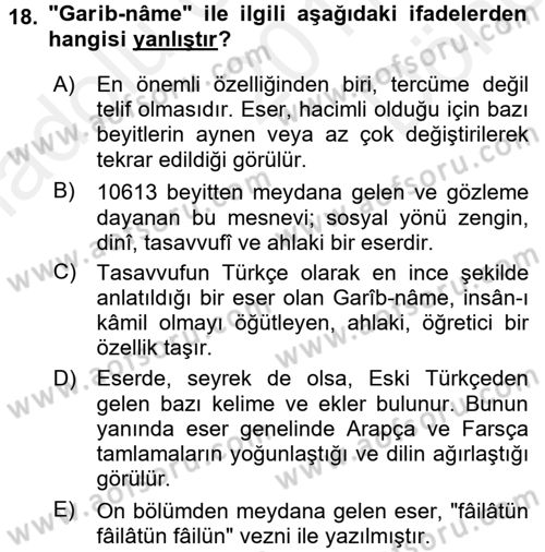 XIV-XV. Yüzyıllar Türk Edebiyatı Dersi 2017 - 2018 Yılı (Final) Dönem Sonu Sınavı 18. Soru