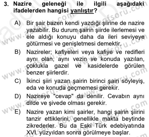 XIV-XV. Yüzyıllar Türk Edebiyatı Dersi 2017 - 2018 Yılı (Final) Dönem Sonu Sınavı 3. Soru