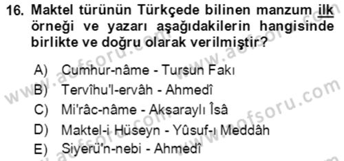 XIV-XV. Yüzyıllar Türk Edebiyatı Dersi 2018 - 2019 Yılı 3 Ders Sınav Soruları 16. Soru