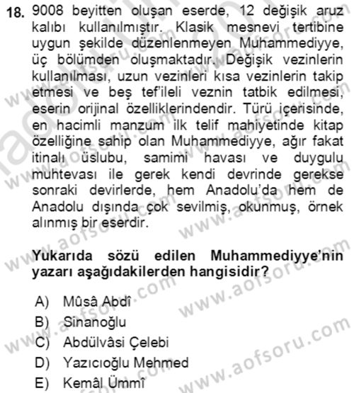 XIV-XV. Yüzyıllar Türk Edebiyatı Dersi 2018 - 2019 Yılı 3 Ders Sınav Soruları 18. Soru