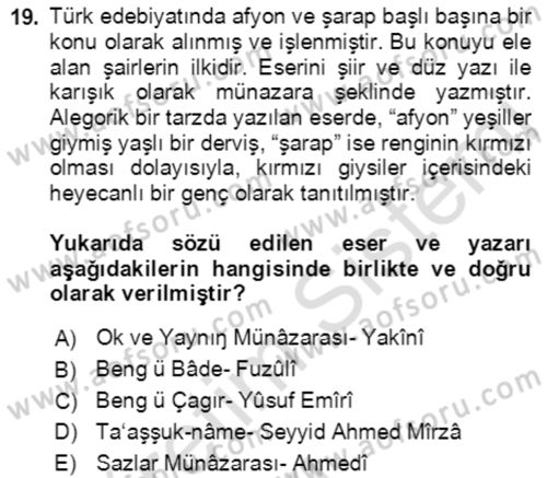 XIV-XV. Yüzyıllar Türk Edebiyatı Dersi 2018 - 2019 Yılı 3 Ders Sınav Soruları 19. Soru