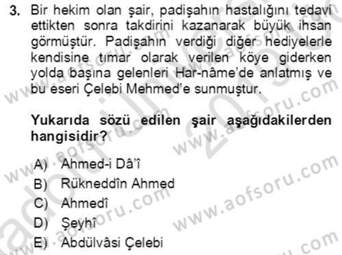 XIV-XV. Yüzyıllar Türk Edebiyatı Dersi 2018 - 2019 Yılı 3 Ders Sınav Soruları 3. Soru